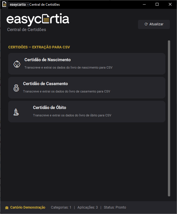 Central de certidões do EasyCartia, instalada no computador do cartório
